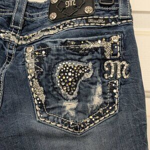 Miss Me Cut off Cuffed Thick Stitch Flap Pocket Low Denim Jean Shorts Size 29 .